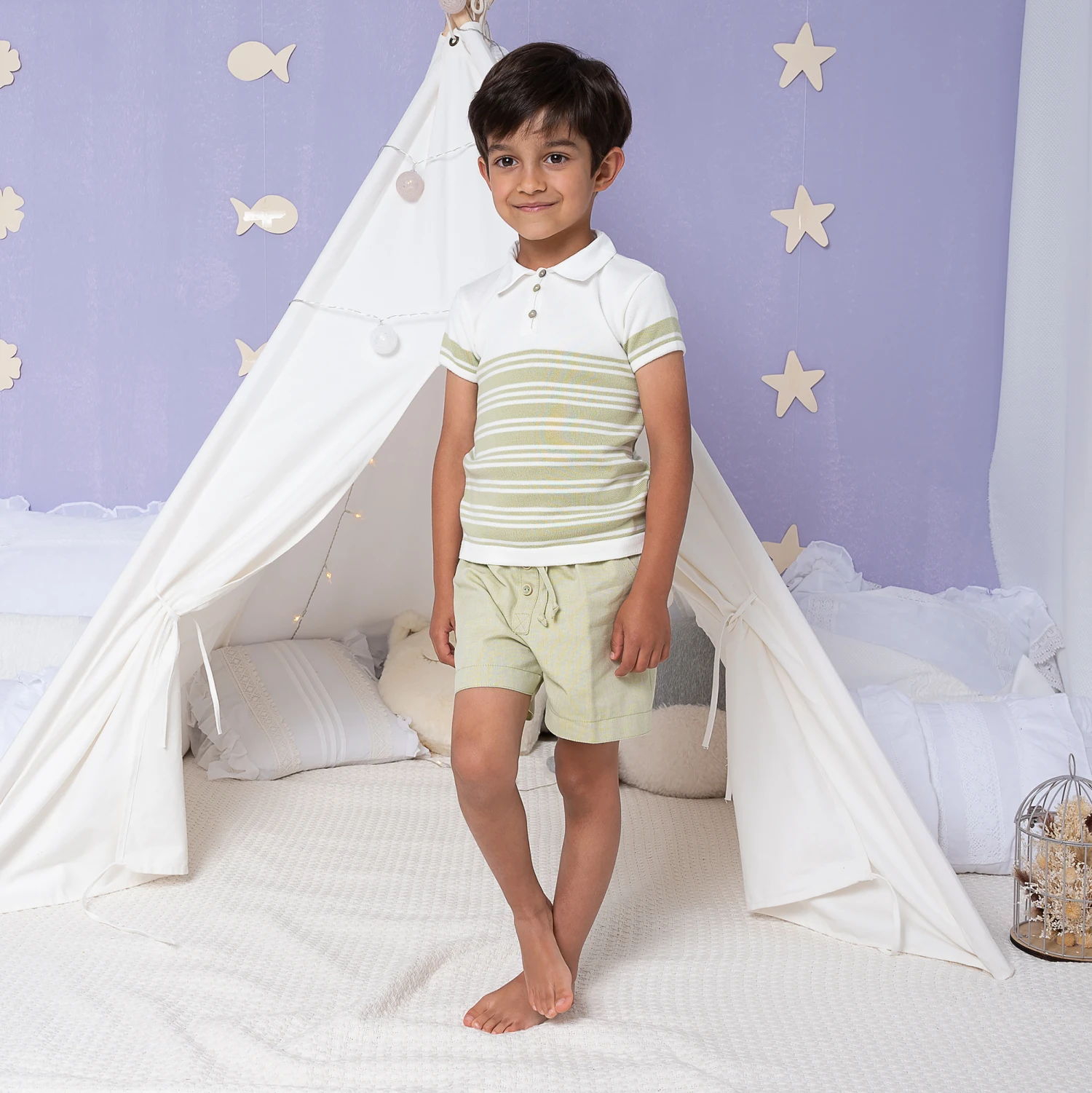 Artesanía Granlei Boys Green Stripe Cotton Shorts Set 2 Artesanía Granlei Boys Green Stripe Cotton Shorts Set - Image 2