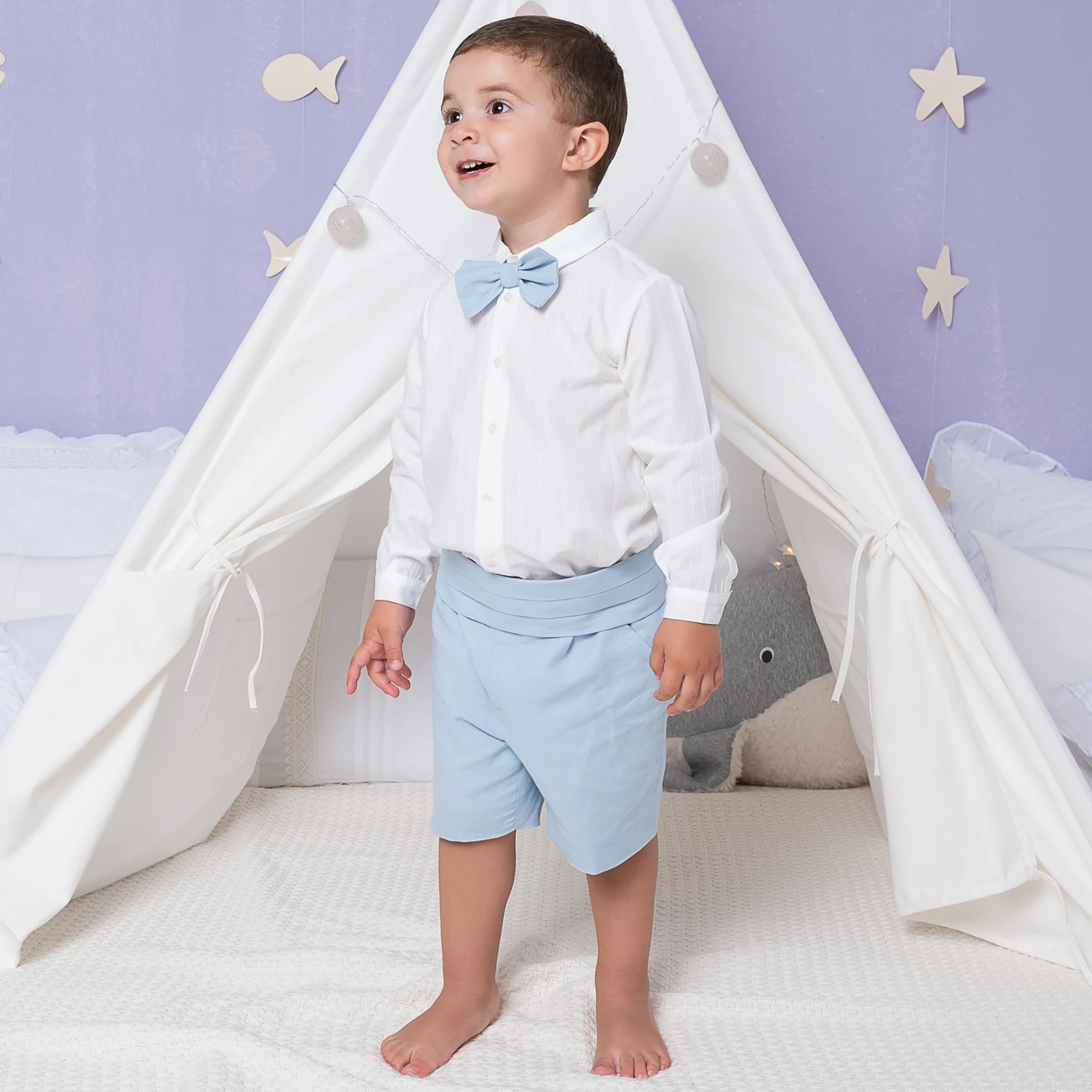 Artesanía Granlei Boys Ivory & Blue Linen Short Set 2 Artesanía Granlei Boys Ivory & Blue Linen Short Set - Image 2