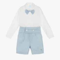 Artesanía Granlei Boys Ivory & Blue Linen Short Set