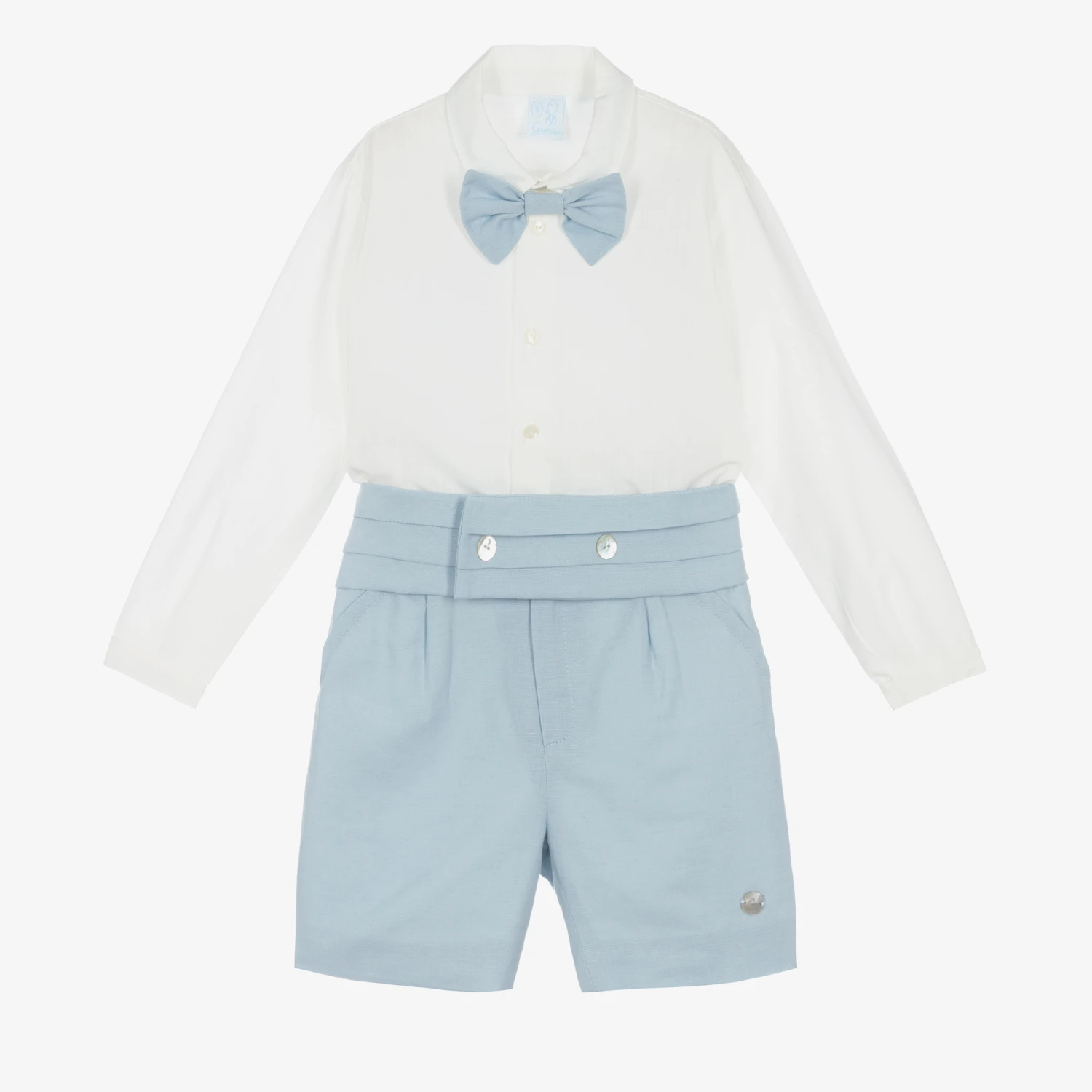 Artesanía Granlei Boys Ivory & Blue Linen Short Set 1 Artesanía Granlei Boys Ivory & Blue Linen Short Set