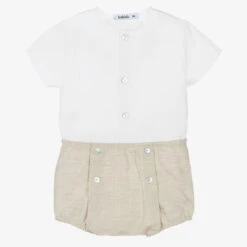 Babidu Boys Beige & White Cotton Shorts Set