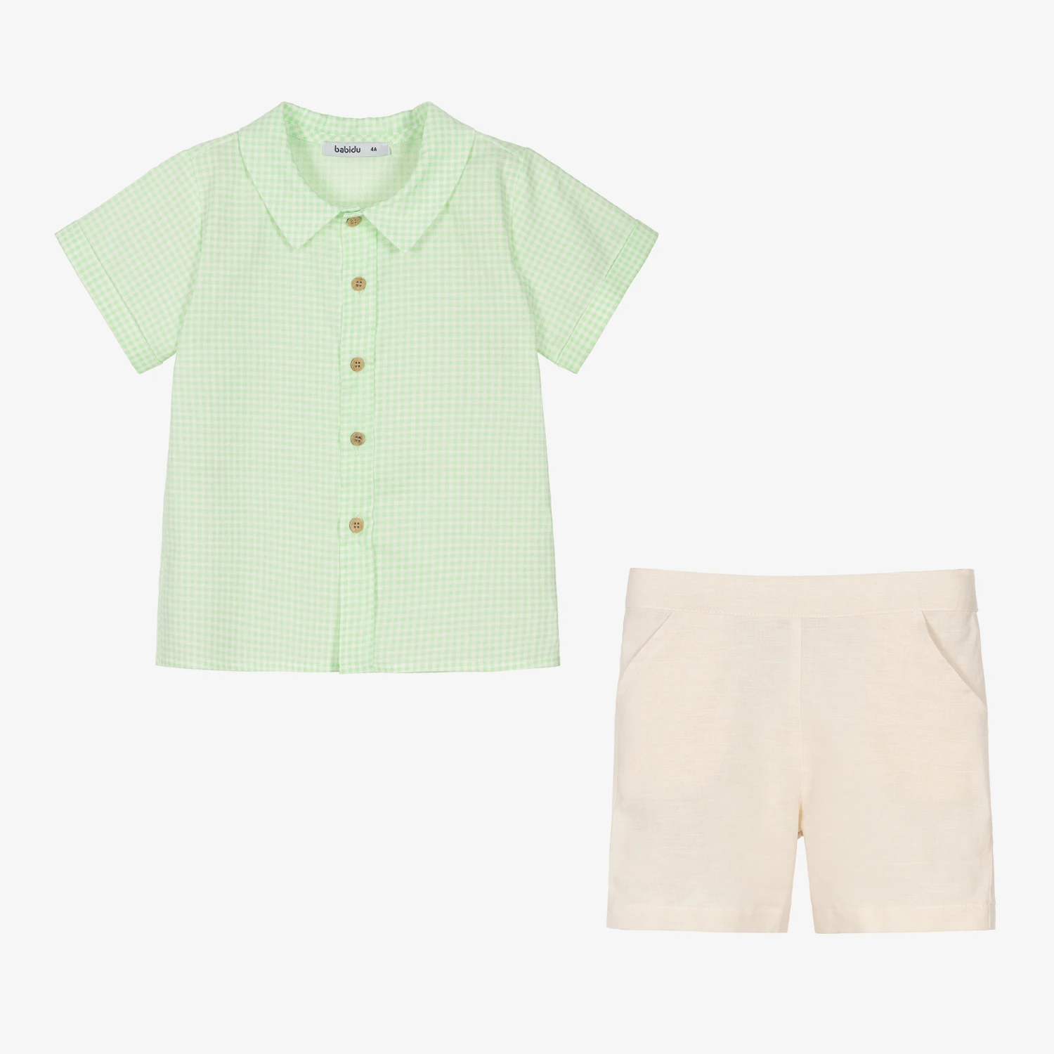 Babidu Boys Green & Beige Cotton Shorts Set 3 Babidu Boys Green & Beige Cotton Shorts Set - Image 3