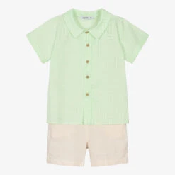 Babidu Boys Green & Beige Cotton Shorts Set