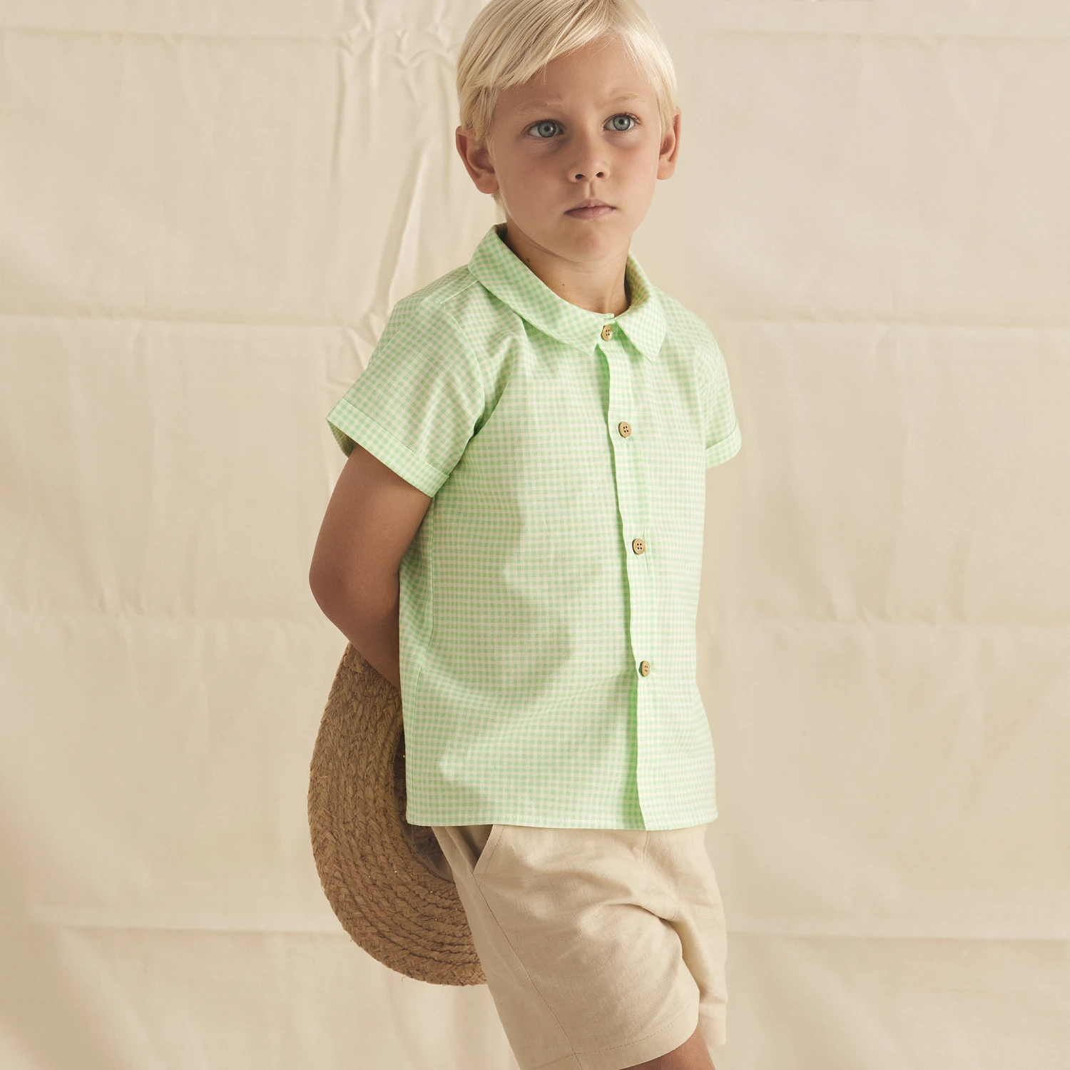 Babidu Boys Green & Beige Cotton Shorts Set 2 Babidu Boys Green & Beige Cotton Shorts Set - Image 2