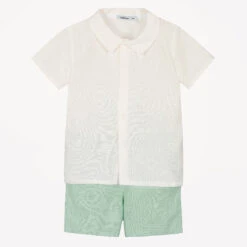 Babidu Boys Ivory & Green Cotton Shorts Set