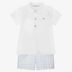 Babidu Boys White & Blue Gingham Shorts Set