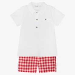 Babidu Boys White & Red Gingham Shorts Set