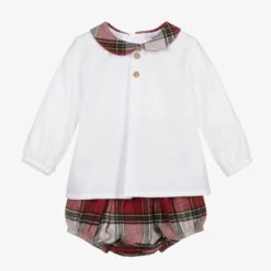 Babidu White & Red Tartan Shorts Set