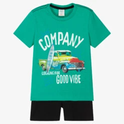 Boboli Boys Green & Blue Cotton Surfing Shorts Set