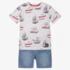 Boboli Grey & Blue Boat Shorts Set