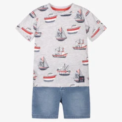 Boboli Grey & Blue Boat Shorts Set