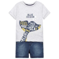 Boboli Grey & Blue Cotton Shorts Set