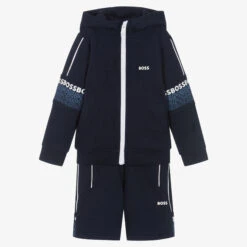 BOSS Boys Blue Cotton Logo Tracksuit