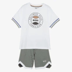 BOSS Boys White & Green Logo Shorts Set