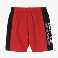 EA7 Emporio Armani Boys Red & Black Logo Swim Shorts