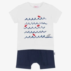 Il Gufo Boys White & Blue Cotton Shorts Set