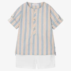 Laranjinha Boys Blue Stripe Cotton Shorts Set