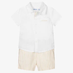 Mayoral White & Beige Linen Shorts Set