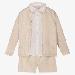 Mebi Boys Beige Cotton & Linen Shorts Set