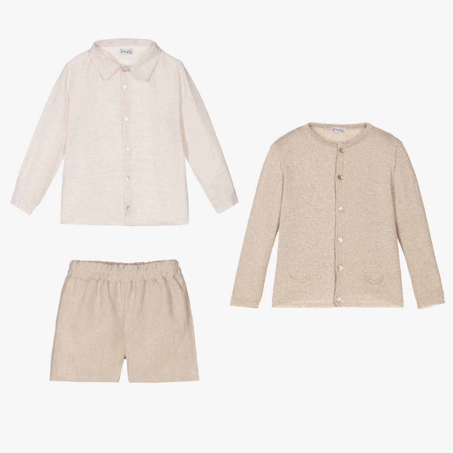 Mebi Boys Beige Cotton & Linen Shorts Set 2 Mebi Boys Beige Cotton & Linen Shorts Set - Image 2