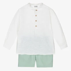 Mebi Boys Green Linen & Cotton Shorts Set