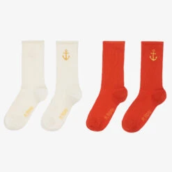 Mini Rodini Ivory & Red Anchor Socks (2 Pack)