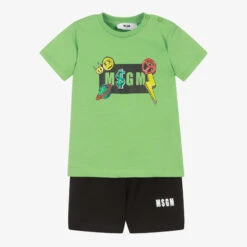 MSGM Boys Green & Black Cotton Shorts Set