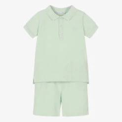 Patachou Boys Green Cotton Piqué Polo Shorts Set