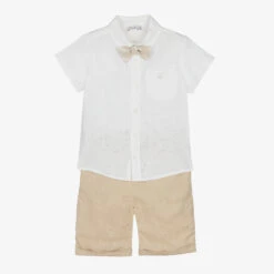 Patachou Boys White & Beige Linen Shorts Set