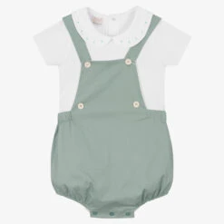 Paz Rodriguez Boys White & Sage Green Dungarees Set