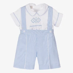 Pretty Originals Boys White & Blue Smocked Shorts Set