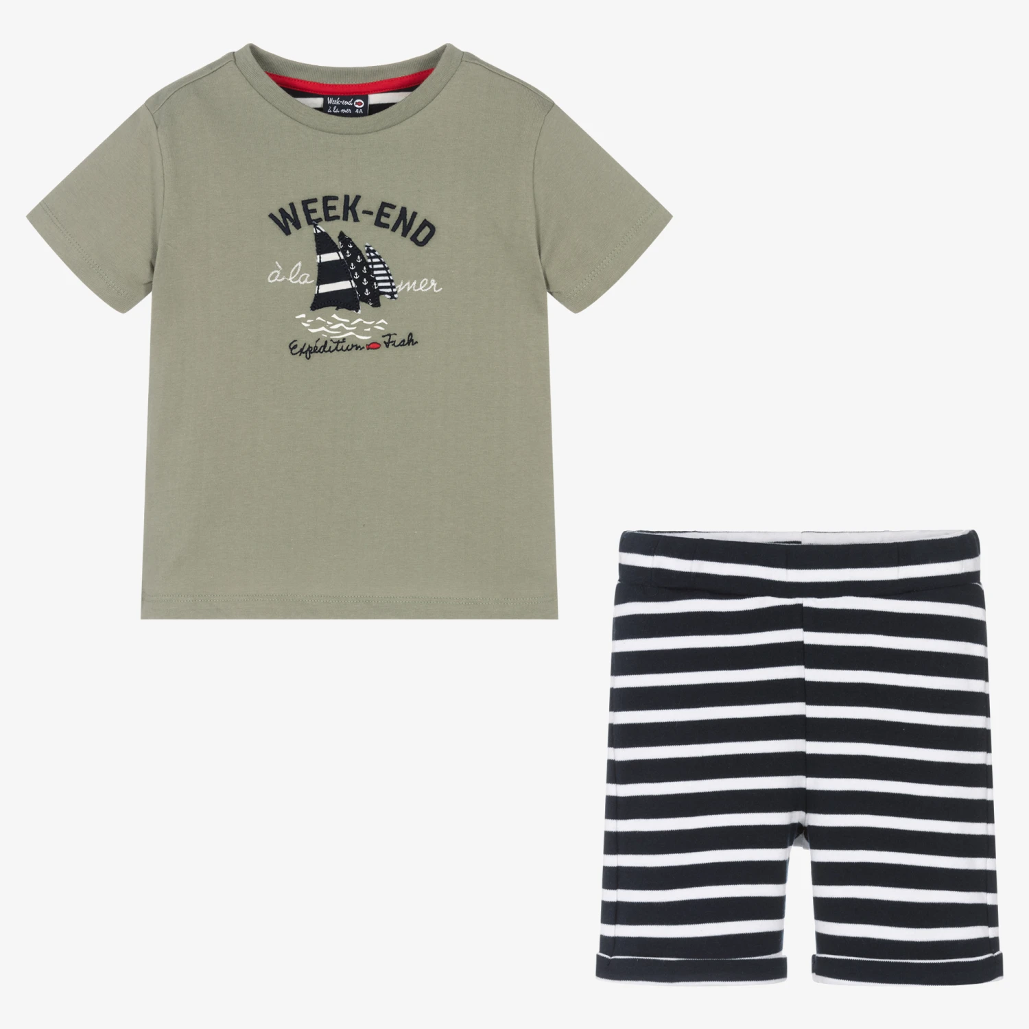 Week-end à La Mer Boys Blue Breton Stripe Cotton Shorts Set 2 Week-end à La Mer Boys Blue Breton Stripe Cotton Shorts Set - Image 2